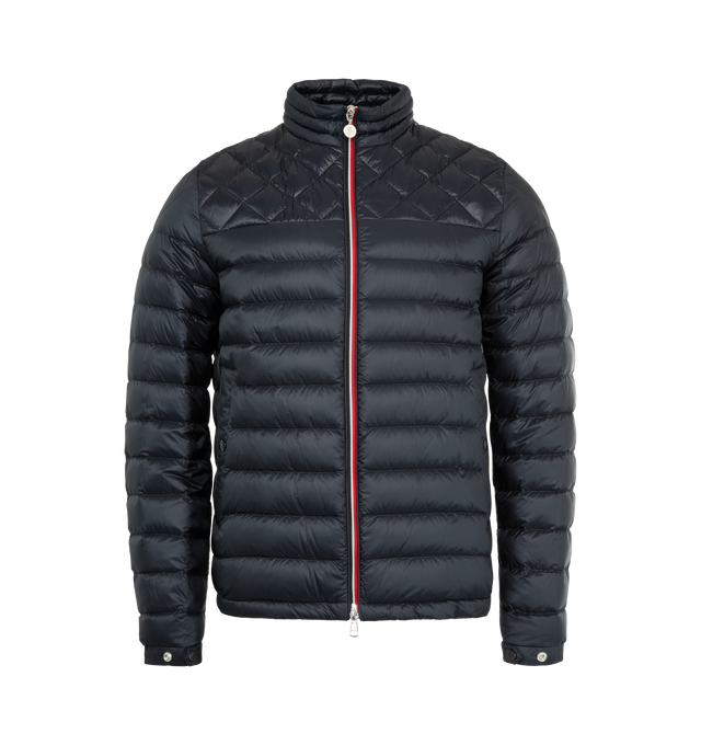 Image 1 of 3 - BLUE - MONCLER Benamou Puffer Jacket featuring lining in nylon, down-filled, zipper closure with tricolor trim, pockets with snap button closure and adjustable cuffs. 100% polyamide/nylon. Padding: 90% down, 10% feather.