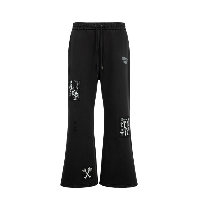 Image 1 of 3 - BLACK - Midnight Rodeo Opera House Sweatpants are crafted from heavyweight cotton and feature a flared wide-leg silhouette, a faded wash, subtle distressing, and emboidered patchwork designs on the front and back. Main Material: Heavyweight Cotton.