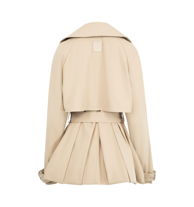 Image 2 of 3 - NEUTRAL - Loewe Women's Jacket in lightweight cotton gabardine featuring a balloon silhouette with an adjustable drawstring hem and a storm flap. Regular fit, regular length featuring peak lapel, button front fastening, removable belt, belted cuffsSeam pockets, inside welt pocket, fully lined with LOEWE Anagram embossed leather patch placed at the back. Cotton. Made in Italy.