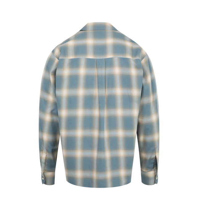Image 2 of 2 - BLUE - SECOND LAYER Relaxed Long Sleeve Shirt featuring pearl button snap button closure with hand sewn pic-stitch detail along the collar and cuffs, relaxed collar and oversized fit in a Japanese ombre cotton. 100% cotton.