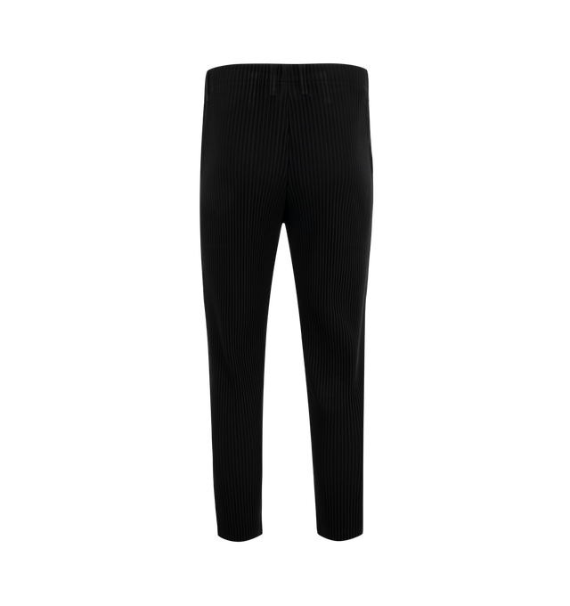Image 3 of 4 - BLACK - Issey Miyake Basic Pants have an elastic waist with a mock fly, belt loops, side pockets, and signature pleated fabric. 100% polyester.