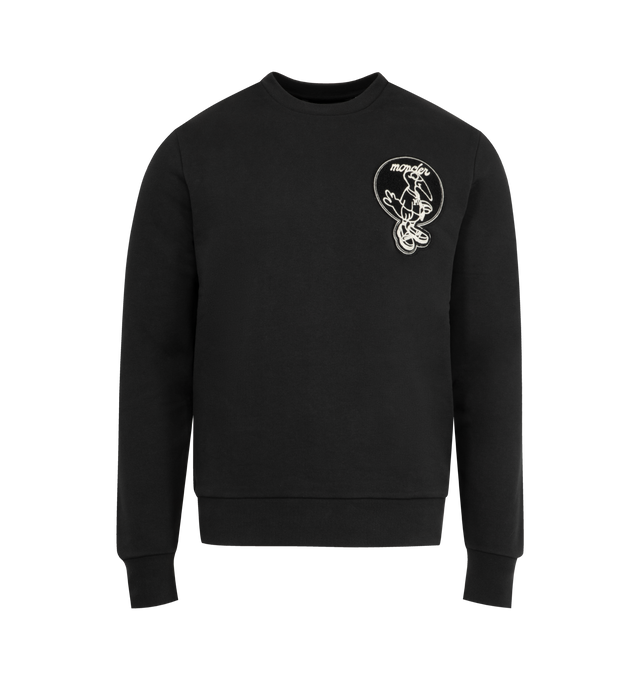 Image 1 of 3 - BLACK - MONCLER Mascot Patch Cotton Sweatshirt featuring crewneck, ribbed cuffs and hem, long sleeves and the Mon Doc patch-appliqu. 100% cotton. Made in Turkey.