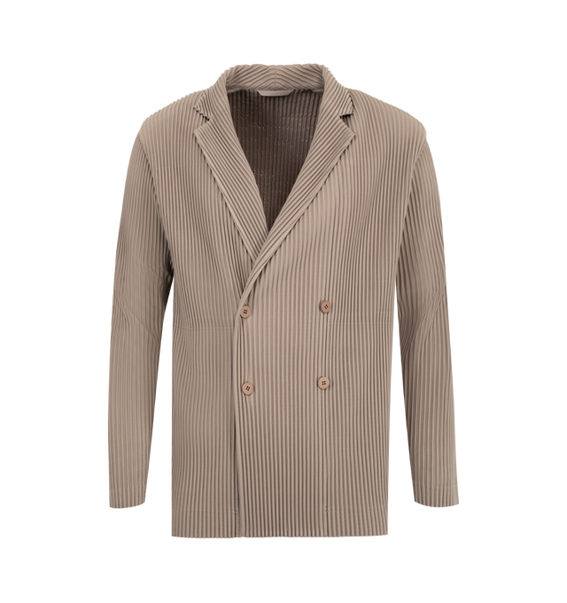 Image 1 of 3 - BROWN - ISSEY MIYAKE Tailored Pleats Jacket featuring a tailored jacket with a double breasted closure, notched lapel and pleated throughout. 100% polyester.