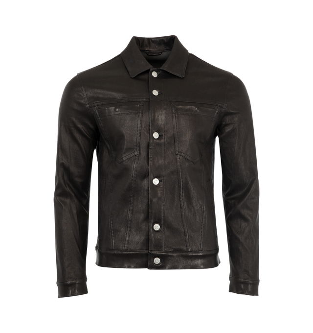 Image 1 of 3 - BLACK - Giorgio Brato Men's leather jacket with classic collar, front button fastening, long sleeves, buttoned cuffs and two chest flap pockets. Made in Italy.