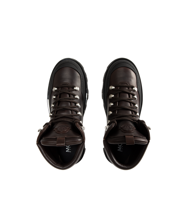 Image 4 of 4 - BROWN - MONCLER Peak Trek Leather Ankle Boots featuring leather upper, leather insole, lace-up closure and rubberized TPU sole with EVA filler. Calf length 13cm. Sole height 5cm.