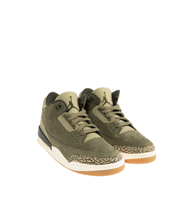 Image 2 of 5 - GREEN - JORDAN Air Jordan 3 Retro Sneaker featuring a luxe leather and nubuck upper, comfy collar, flexible foam midsole, Air-Sole units in the heel and forefoot and solid rubber outsole.