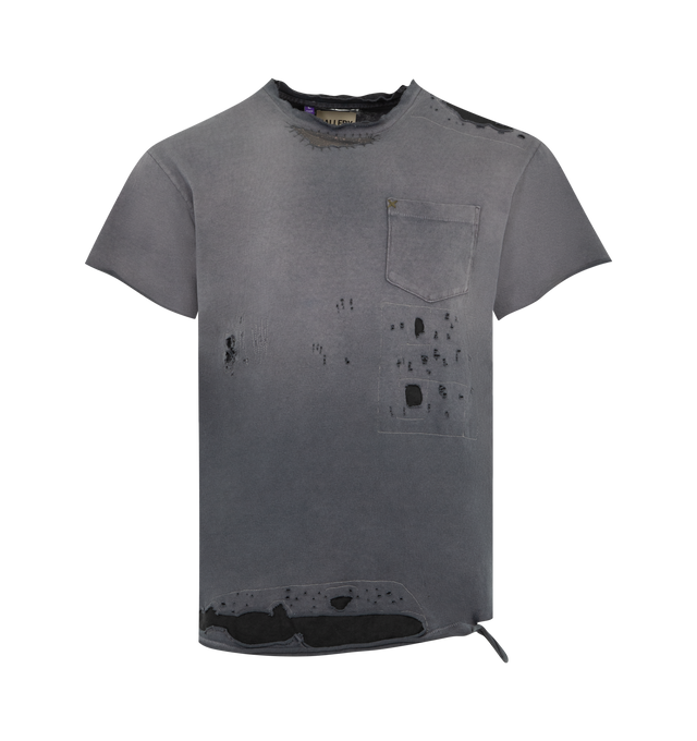 Image 1 of 2 - BLACK - GALLERY DEPT. Salvage T-shirt featuring distressed details, relaxed, slightly worn-in fit, crew neckline, single chest pocket, short sleeves and printed branding. 100% cotton.