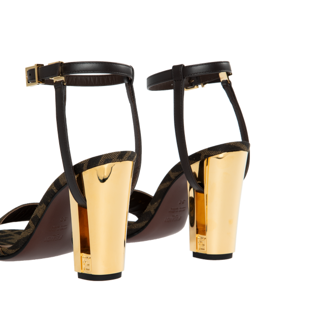 Image 3 of 4 - BROWN - Delfina round-toe sandals with an ankle strap. Made of FF jacquard fabric. Details in brown leather. Heel with cut-out detail and gold-colored metal FF motif.Made in Italy. 65% polyamide, 35% cotton, 100% calf leather, inside: 100% goat leather. 95 mm heel. 
