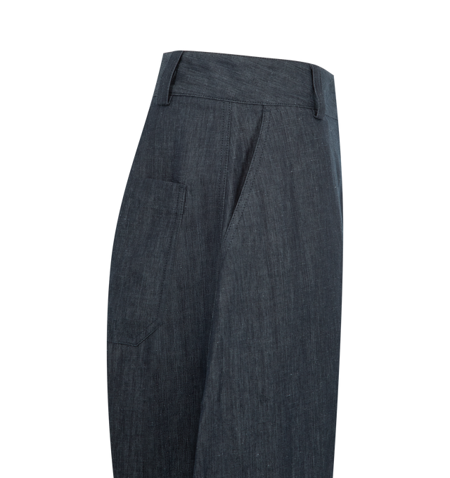 Image 3 of 3 - BLUE - STUDIO NICHOLSON Levy Pant featuring concealed fly and button fastening, belt loops, two side slash pockets and two rear patch pockets. 50% linen/flax, 50% cotton.