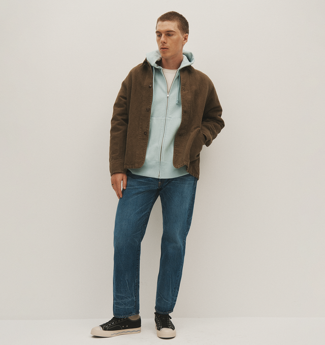 Image 4 of 4 - BLUE - Kaptain Sunshine 1930 Straight Denim Pants are a 5-pocket style with a button fly and a buckle back. 100$ cotton. Made in Japan.