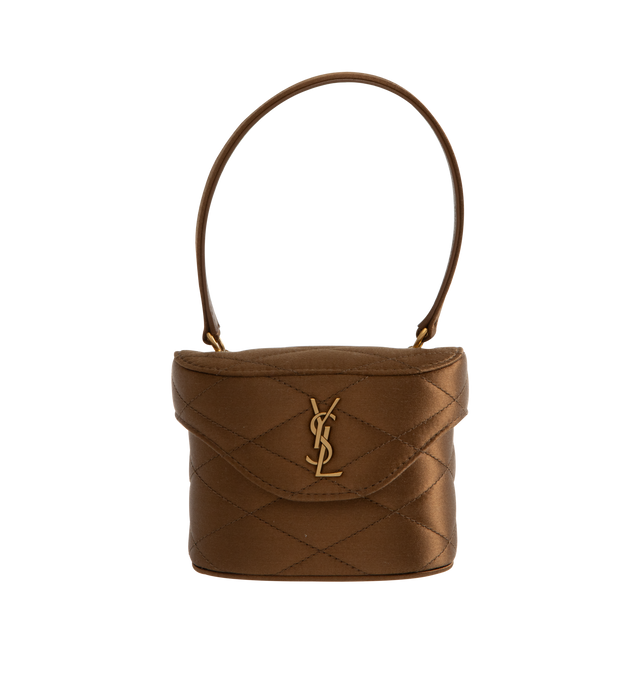 Image 1 of 3 - BROWN - Saint Laurent micro bag decorated with the CASSANDRE and diamond-quilted topstitching, featuring a leather and chain strap for shoulder carry, leather lining, bronze-toned hardware, magnetic flap closure. Measures 4.9" x 3.5" x 2.4" with 19.7" strap drop. Viscose, silk and brass. Made in Italy.