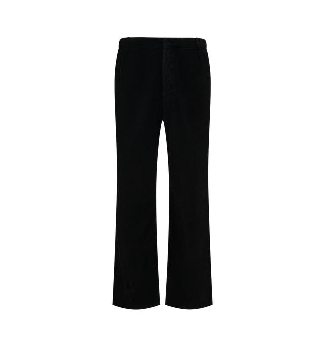 Image 1 of 3 - BLACK - The Row Men's Paulo Pants are crafted from compact wide-wale cotton velvet corduroy with a soft, textural hand and durable construction. Designed with a relaxed wide-leg silhouette that sits at the natural waist, these designer pants feature a pleated front, side slash pockets, and a single back welt pocket. The fabric is dyed and specially treated to create a subtly uneven, worn-in effect while enhancing the depth and richness of the Faded Black color. Main Material: 100% Cotton. Fit