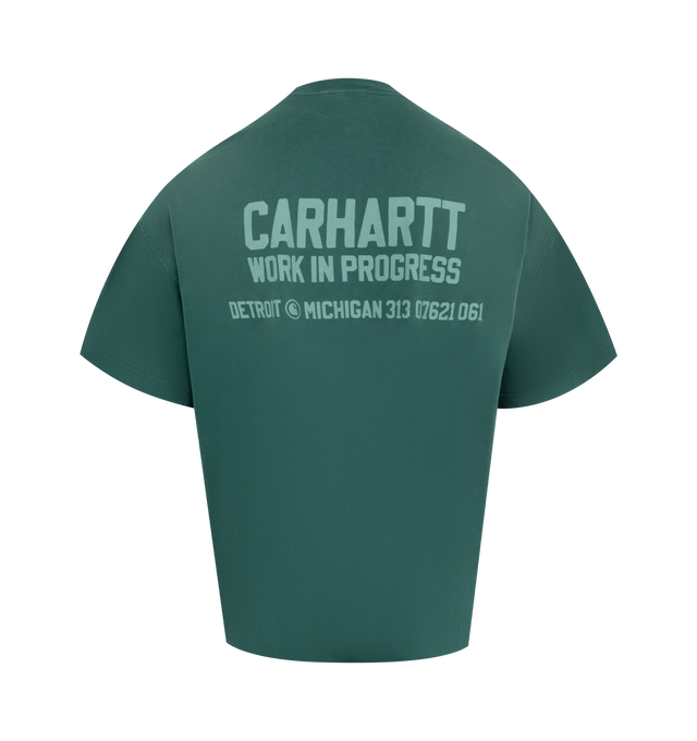 Image 2 of 2 - GREEN - CARHARTT Distance Short Sleeve Graphic T-Shirt featuring midweight organic-cotton jersey, crewneck, short sleeves and graphic on front and back. 100% organic cotton.