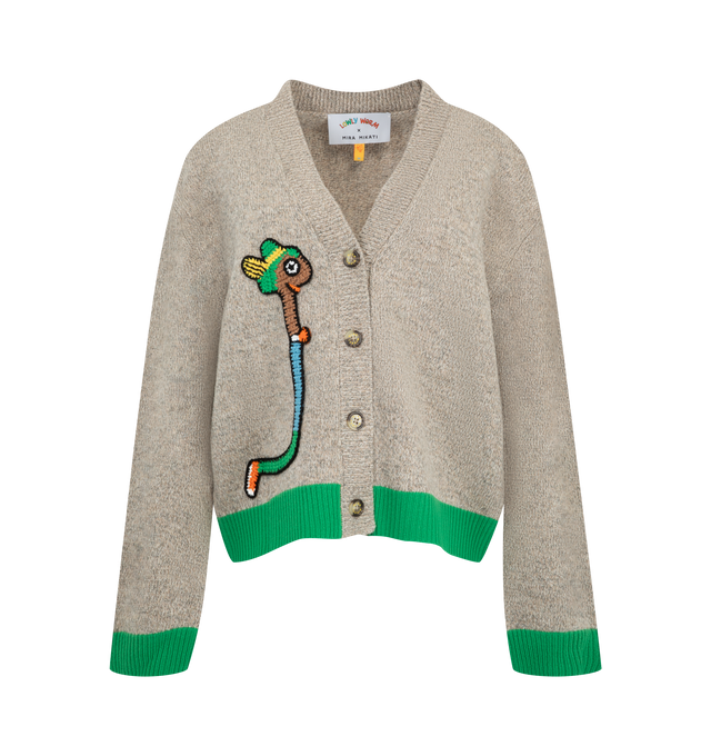 Image 1 of 2 - NEUTRAL - Mira Mikati Women's Lowly Crochet Cardigan is crafted from crochet knit and features a relaxed silhouette with contrast trim at the hem and cuffs. Designed as a lightweight layering piece, this cardigan combines artisanal texture with playful color detailing for a distinctive finish. Main Material: Wool