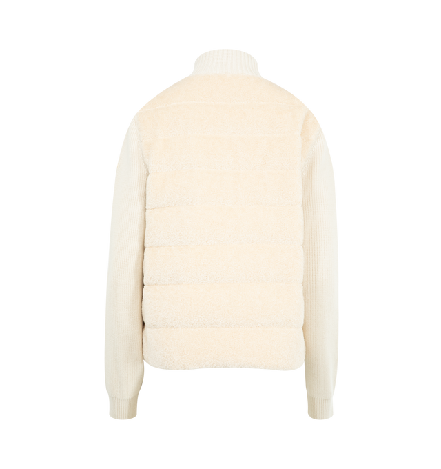 Image 2 of 3 - WHITE - MONCLER Padded Teddy & Wool Zip-Up Cardigan featuring ultra-fine Merino wool, teddy fleece front and back, longue saison lining, down-filled, high neck, ribbed knit, gauge 7 and 5, zipper closure and zipped pockets. 60% acrylic, 40% cotton. 100% virgin wool. Lining: 100% polyamide/nylon. Padding: 90% down, 10% feather. Made in Moldova.