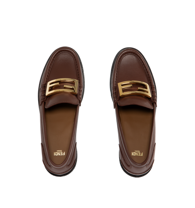 Image 4 of 4 - BROWN - Fendi Loafers with visible stitched apron and vamp embellished with FF motif. Made of 100% calf leather. Gold-finish metalware. Rubber sole. 25mm heel. Made in Italy. 
