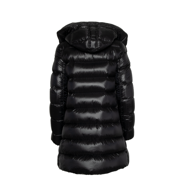 Image 2 of 3 - BLACK - MONCLER Suyen Long Down Jacket featuring nylon lger brillant lining, down-filled, adjustable hood, zipper closure, zipped pockets and felt logo patch. 100% polyamide/nylon. Padding: 90% down, 10% feather. 