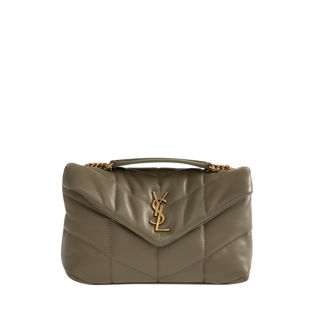 Image 1 of 4 - GREEN - SAINT LAURENT LouLou Puffer Toy Bag crafted from soft nappa lambskin with chevron quilting. Featuring magnetic snap tab, light bronze hardware, and a sliding 11.4 inch to 21.7 inch long chain strap suitable for use as a shoulder bag or cross-body. Interior features a zipped pocket, two card slots and grosgrain lining. Measures 9 X 6.1 X 3.3 inches. 100% lambskin. Made in Italy.