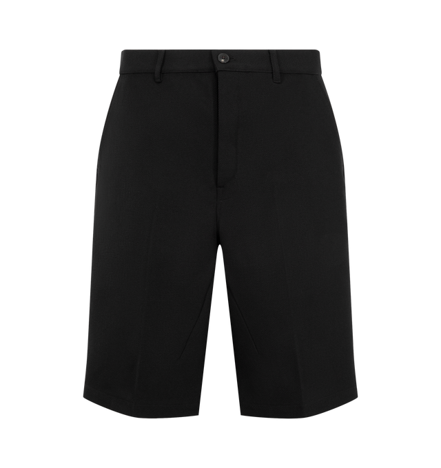 Image 1 of 3 - BLACK - Rick Owens Mens Work Shorts are crafted from wool whipcord. Feature a knee-length silhouette, button closure with belt loops, diagonal side pockets, back pockets, pressed front and back creases, and a cupro lining. Main Material: 100% Virgin Wool; Lining: 100% Cupro; Buttons: 100% Buffalo Horn. Made in Italy.