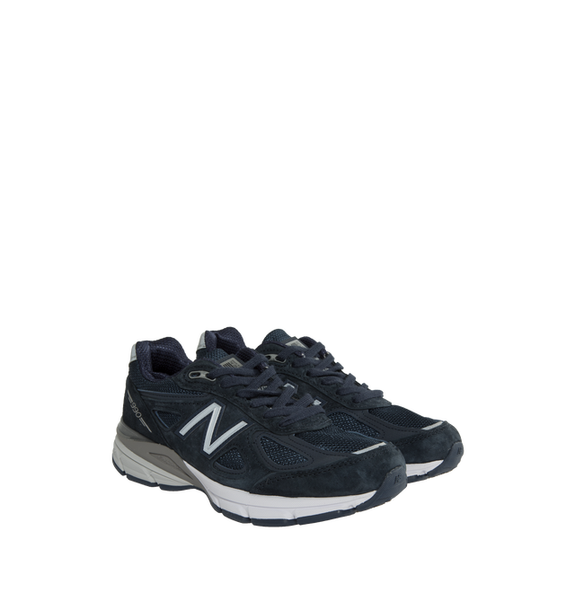 Image 2 of 5 - NAVY - NEW BALANCE 990v4 Sneakers featuring low-top, paneled pigskin suede and mesh, lace-up closure, logo patch at padded tongue, padded collar, logo patch at heel counter, logo appliqu at sides, reflective text at outer side, mesh lining, textured ENCAP foam rubber midsole and treaded rubber sole. Made in United States. 