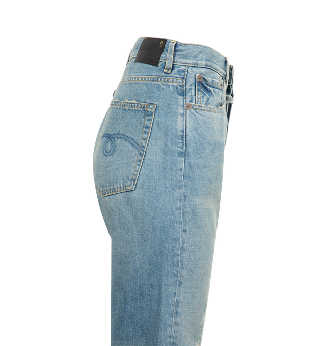 Image 3 of 3 - BLUE - RR13 Tailored Drop Jean featuring relaxed fit drop jean built with mid-weight Japanese rigid indigo denim and treated with a medium indigo wash and mild wear pattern. 100% cotton.