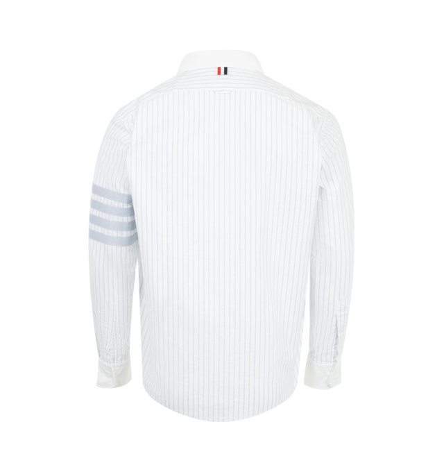 Image 2 of 2 - WHITE - Thom Browne Men's Oxford 4-Bar Shadow Pinstripe Shirt in a straight fit featuring a round hem, mini round collar, pinstripe pattern, front button closure, chest patch pocket, 4-bar detailing at the sleeve, pleated back yoke with locker loop, nametag applique and signature striped grosgrain loop tab. 100% Cotton. Made in Italy.