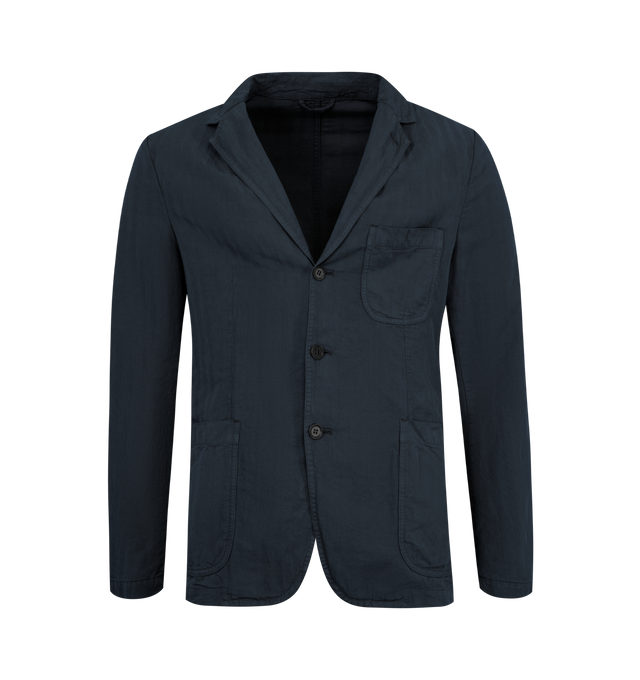 Image 1 of 2 - NAVY - ASPESI Samuraki Linen Blazer featuring lightweight, garment-dyed linen, regular fit, unlined, classic lapel collar, three patch pockets, and a three-button fastening. 100% cotton.