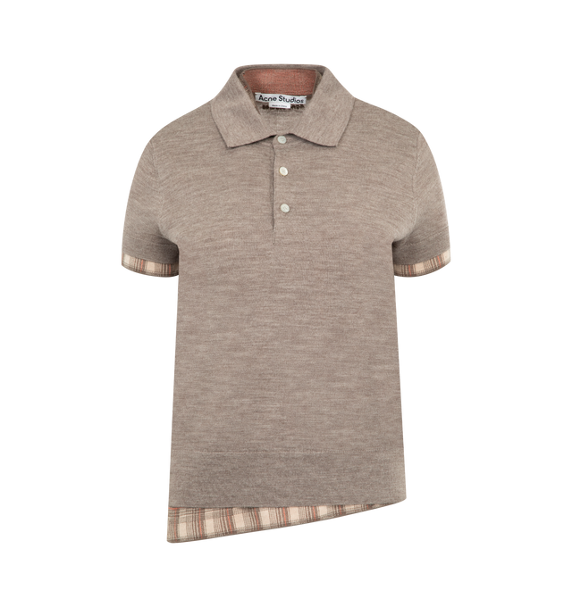 Image 1 of 2 - BROWN - ACNE STUDIOS Layered Wool Knit Polo featuring regular fit, below-waist length, layered construction, checked underlayer and ribbed trim. 100% wool.