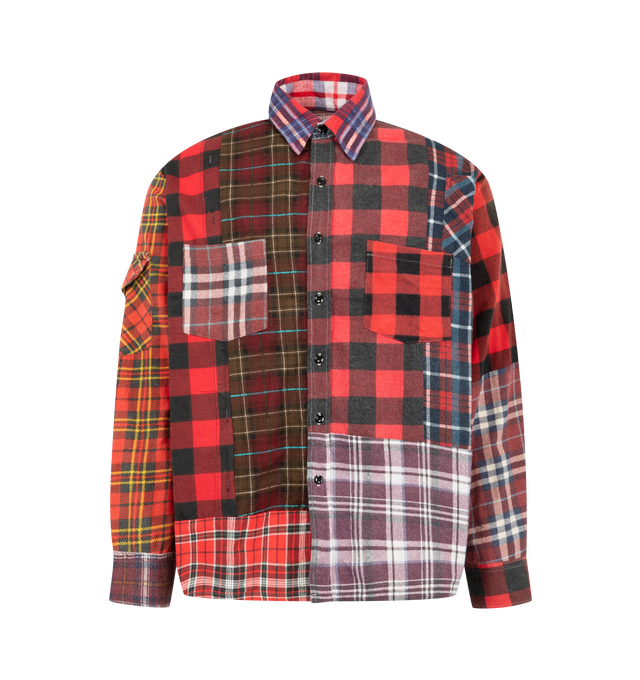 Image 3 of 8 - RED - Needles Men's Straight Hem Flannel Shirt is crafted from reworked cotton flannel and features a one-of-a-kind construction created from cut-and-sewn vintage flannel shirts. Designed with a straight hem, classic collar, button-front closure, chest pockets, and buttoned cuffs, each piece is unique and will vary in color, pattern, and panel placement. Main Material: 100% Cotton. Details: Reworked One-of-One Design, Straight Hem, Classic Collar, Chest Pockets, Buttoned Cuffs. Closure: Butto