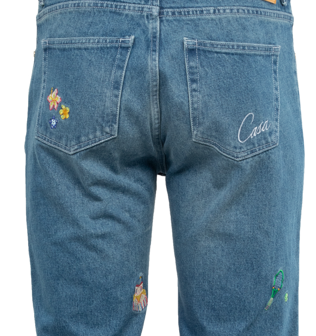 Image 5 of 5 - BLUE - CASABLANCA Stonewashed Embroidered Motif Jeans featuring icon embroidery throughout, mid rise, five-pocket style, full length and straight legs. 100% cotton. Made in Portugal. 