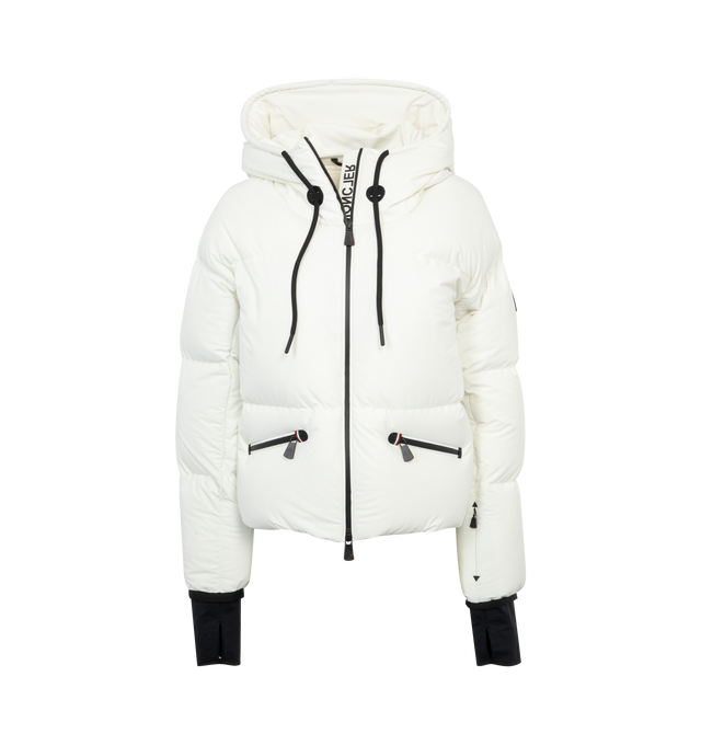 Image 1 of 3 - WHITE - MONCLER GRENOBLE Allesaz Bomber featuring stretch nylon lining, down-filled, heat-sealed seams, hood with drawstring fastening, bonded embossed "#MONCLER" graphics, YKK Aquaguard Highly Water Resistant zipper closure, exterior pockets with YKK Aquaguard Highly Water Resistant zipper closure, interior media pocket, interior stretch mesh pocket, interior powder skirt, stretch jersey wrist gaiters, ski pass pocket, Invisible Recco reflector, adjustable hem with drawstring fastening and 