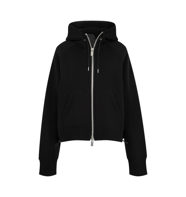 Image 1 of 3 - BLACK - Sacai Womens Cotton Jersey Hoodie is crafted from soft cotton jersey. Features an adjustable drawstring hood, drawstring hem, long sleeves, ribbed cuffs, and a relaxed fit. Main Material: 100% Cotton. Made in Japan.