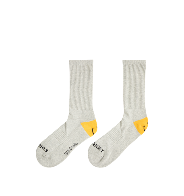 Image 2 of 5 - GREY - MARKET Smiley Heel Socks featuring a soft and stretchy cotton/spandex blend, comfortable, breathable fit and Smiley graphic on the heel.