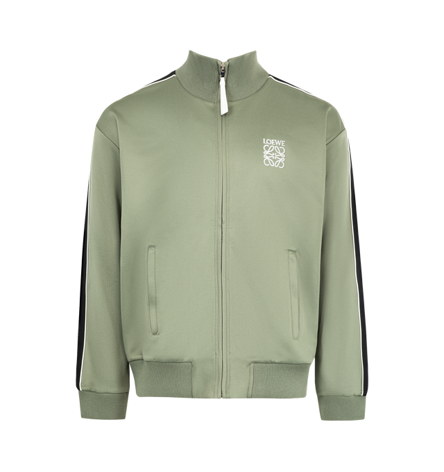 Image 1 of 3 - GREEN - Loewe Men's Tracksuit Jacket in lightweight technical jersey featuring herringbone tape on the sleeves and a mesh lining. Relaxed fit, regular length featuring high neck, rib knit collar, cuffs and hem, zip-front fastening, zipped welt pockets and LOEWE Anagram embroidery placed on the chest. Polyamide/Cotton. Made in Portugal.