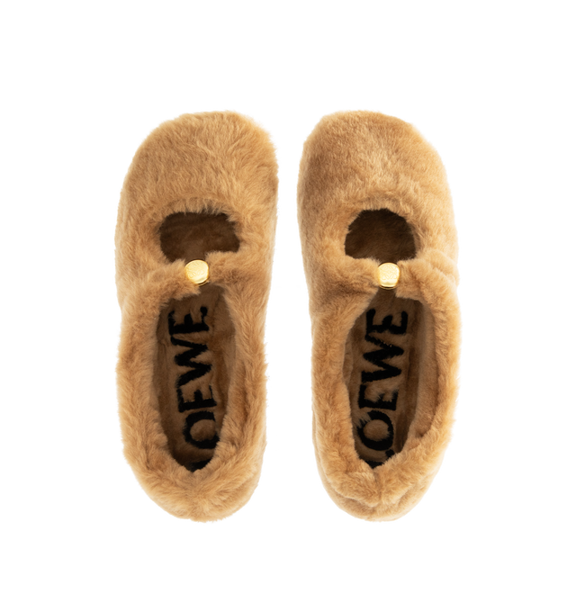 Image 4 of 4 - BROWN - LOEWE Pebble Soft Ballerina Flat in shearling featuring a flexible upper engineered for extra comfort, signature petal toe shape, engraved Anagram on pebble, padded leather insole and anagram embossed rubber outsole. Lamb shearling. Made in Italy.