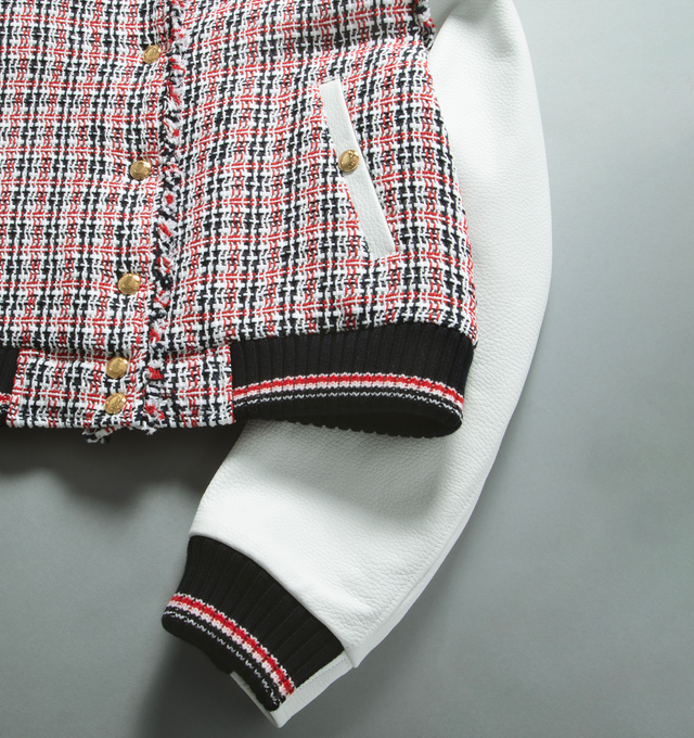 Image 6 of 6 - MULTI - THOM BROWNE Crochet Tweed Cropped Varsity Jacket featuring front button closure, snap button slip side pockets, striped lining with interior pocket and name tag and signature striped grosgrain loop tab. 100% cotton. 100% lamb leather. 100% wool. 