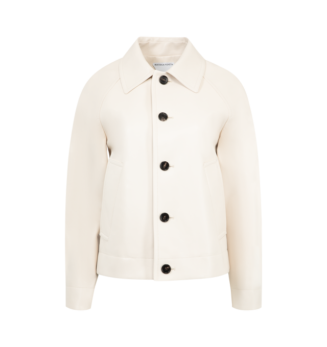 Image 1 of 3 - WHITE - BOTTEGA VENETA Jacket featuring classic collar, front button closure, two front pockets and long sleeves.