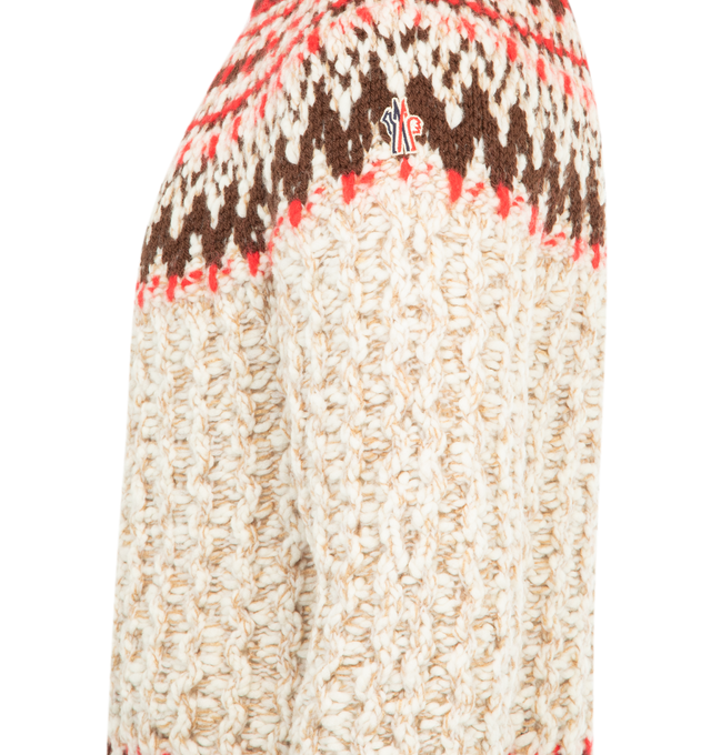 Image 3 of 3 - WHITE - MONCLER GRENOBLE Geometric Jacquard Wool Sweater featuring a wool blend, jacquard knit, 1.5 gauge and crew neck. 68% virgin wool, 25% polyamide/nylon, 6% silk, 1% elastane/spandex. Made in Italy.