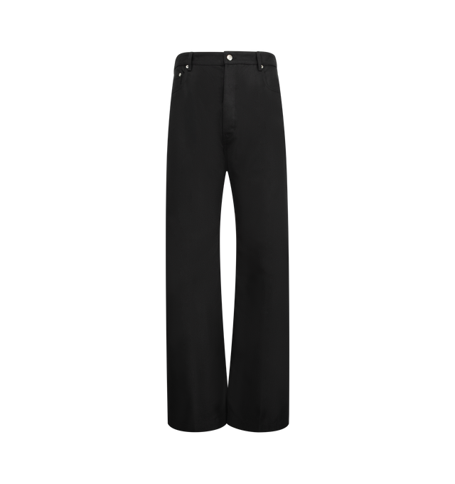 Image 1 of 3 - BLACK - RICK OWENS Geth Jeans featuring rigid denim fabric, button closure with zip fly, 5-pocket styling, creased legs and dart at inseams. 91% cotton, 6% elastomultiester, 3% rubber. Lining: 100% cotton.