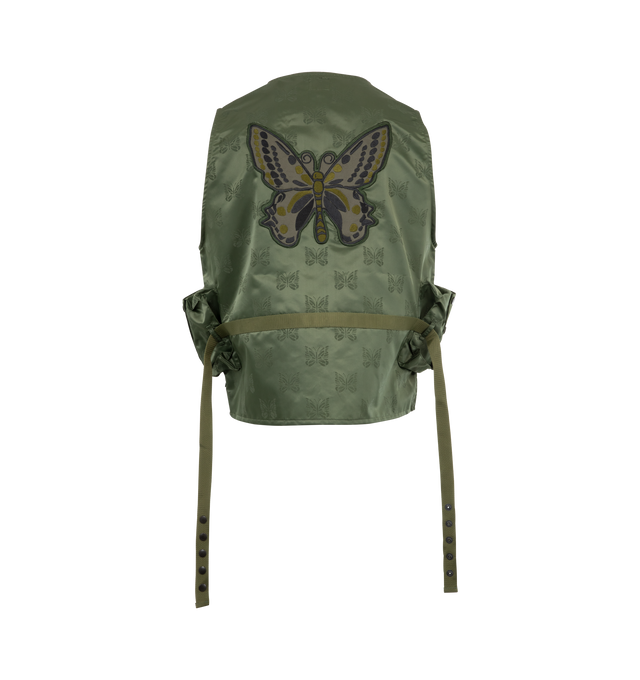 Image 2 of 2 - GREEN - NEEDLES Radio Vest featuring pockets under the left and right armpits for storing radio equipment and an extension belt that connects from the back to the side pockets, a classic design with numerous patches and exotic python jacquard. 100% nylon. Made in Japan.