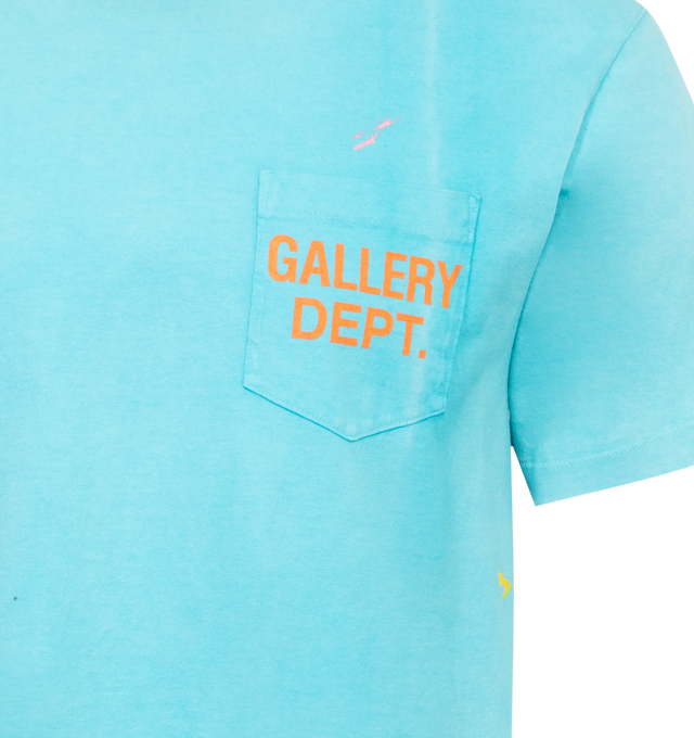 Image 2 of 2 - BLUE - GALLERY DEPT. Vintage Logo Tee featuring boxy fit with understated ribbed accents at the neckline and cuffs, faded screen-printed logo on both front and back along with paint splatter. 100% cotton. 
