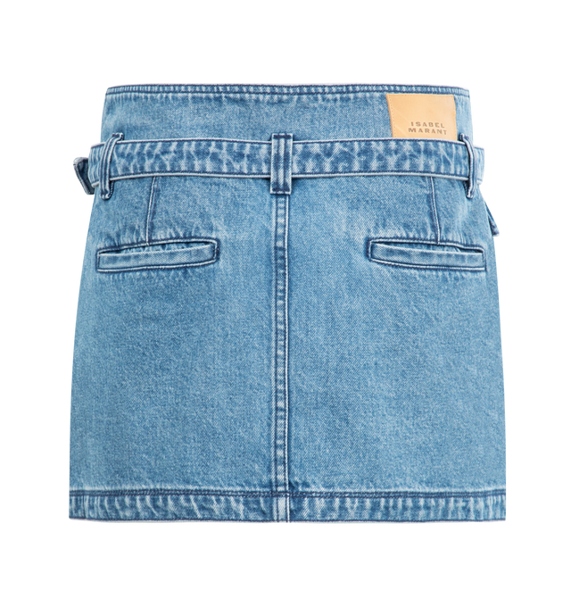 Image 2 of 2 - BLUE - ISABEL MARANT Siyen Skirt featuring attached belt at waist, asymetrical mini length, back welt pockets and gathered to one side. 100% cotton.