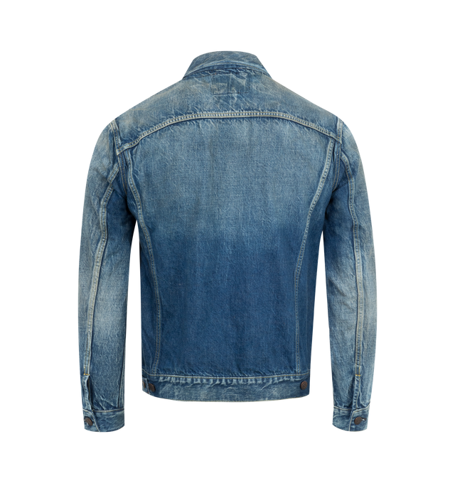 Image 2 of 2 - BLUE - Full Count More Than Real Jacket has a vintage fit, a button front closure, button flap chest pockets, and waist adjuster tabs. 100% cotton.