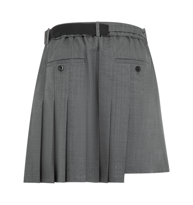 Image 2 of 3 - GREY - Sacai pleated suiting shorts in an above-knee length with asymmetric hemline and built-in adjustable belt. Outer fabric is 70% polyester / 30% wool with 100% cupro lining. Made in Japan.