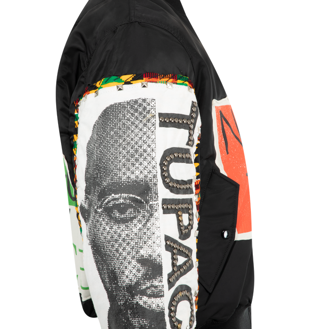 Image 3 of 3 - BLACK - BARRIERS Repurposed MA-65 Bomber featuring zip front closure, ribbed collar, hem and cuffs and graphics throughout.