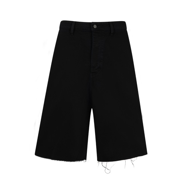 Image 1 of 3 - BLACK - The Fear Of God Essentials Men's Raw Cut 5-Pocket Short is made in 100% cotton 13oz denim in an overdyed wash. The classic, knee length is detailed with antique brass hardware, and Essentials signature label at the back pocket.