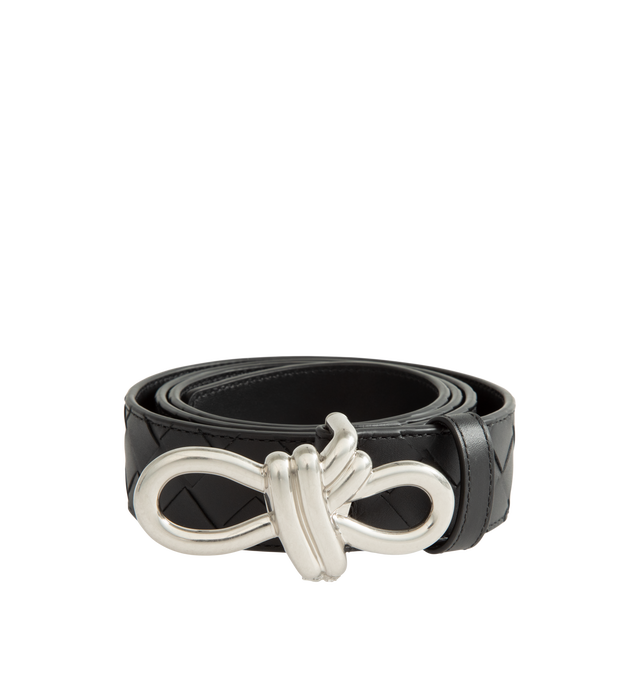 Image 1 of 2 - BLACK - Bottega Veneta Men's Andiamo Intrecciato leather belt. It is crafted from premium calfskin leather with a signature silver knot buckle. Height: 2.5 cm | 1"; Depth: 0.5 cm | 0.2".