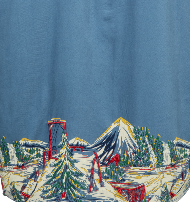 Image 4 of 4 - BLUE - BODE Ski Lift Shirt featuring open spread collar, button closure, printed graphics and beaded detailing at hem, single-button barrel cuffs and beaded logo at back hem. 100% rayon. Made in India. 