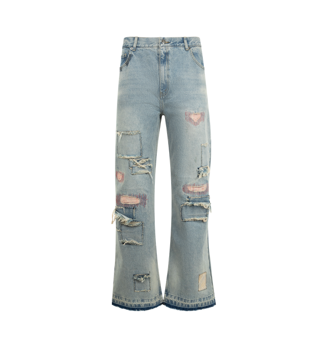 Image 1 of 3 - BLUE - MIDNIGHT RODEO Patchwork Denim featuring relaxed-fit, patchwork panel detailing throughout, distressed and repaired accents, classic five-pocket construction, belt loops and button closure with zip fly. 100% cotton.