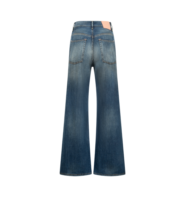Image 2 of 3 - BLUE - ACNE STUDIOS 5 Pocket Denim Jeans featuring regular fit, high waist, wide straight leg, long length, paint marks, holes, and dirt and an authentic worn-in effect. 100% cotton.